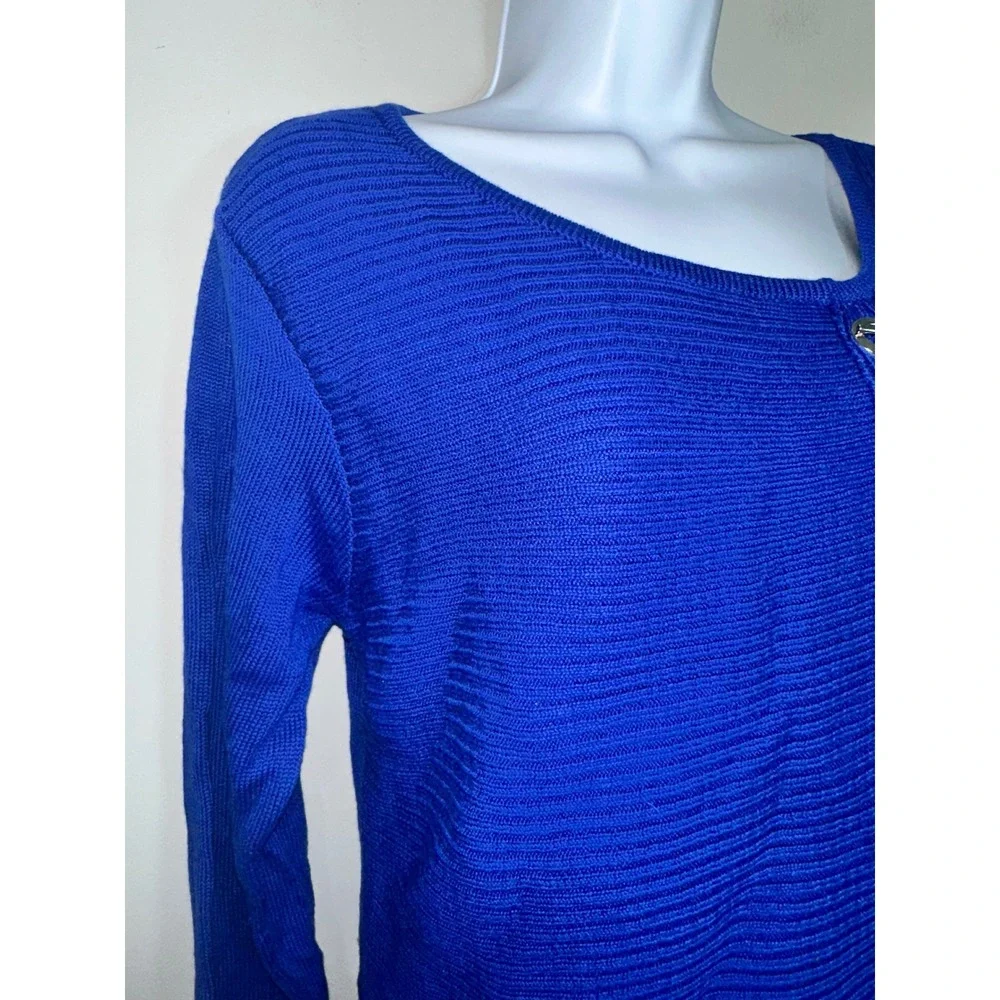 Lulu-B Royal Blue Ribbed Knit Asymmetrical Silver Ring Pullover Sweater Womens M
